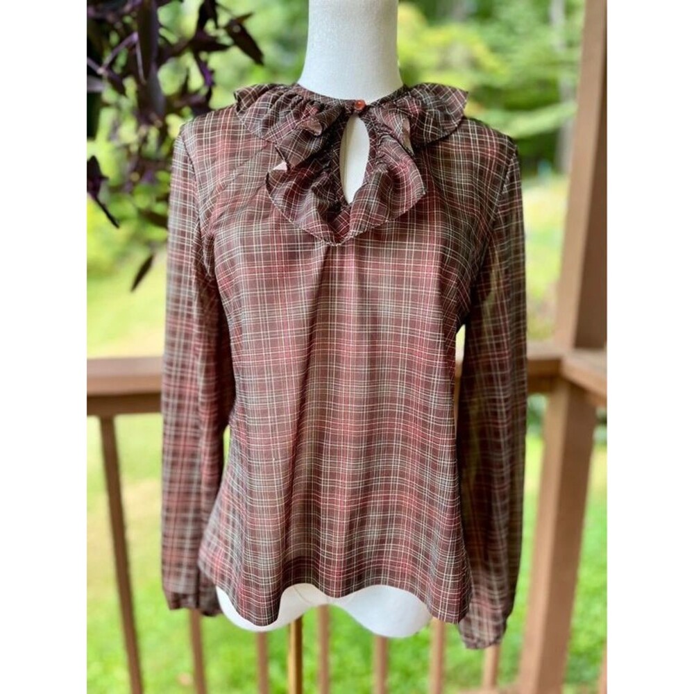 Vintage 70s Plaid Ruffle Jabot Secretary Blouse Size 14